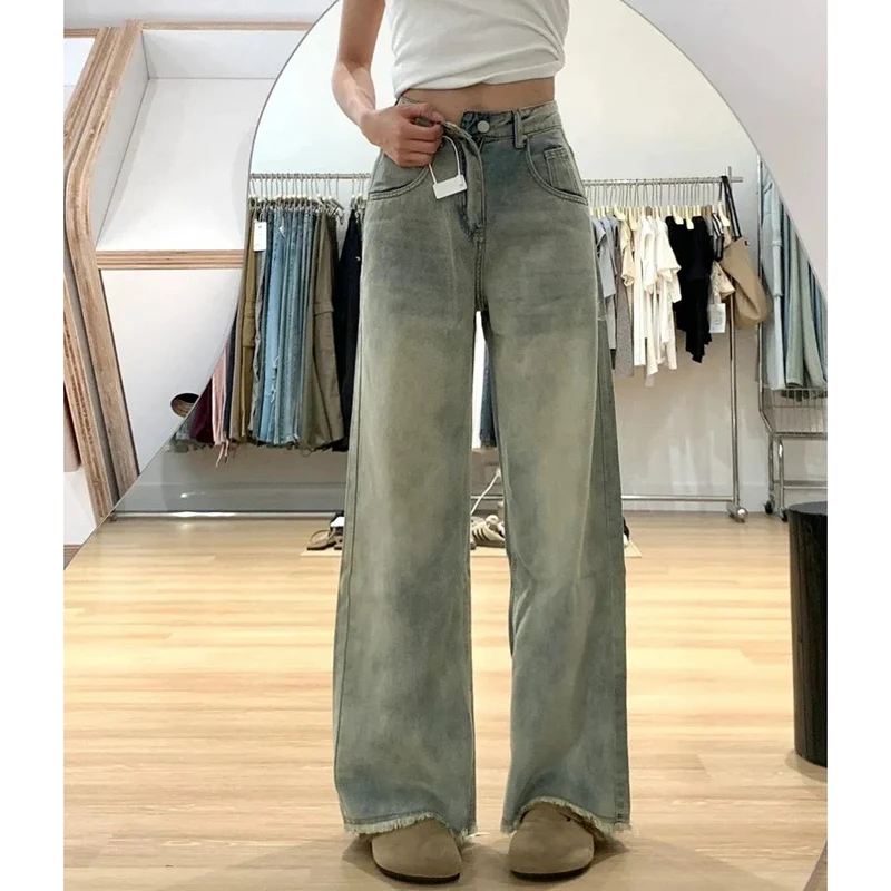 Meisjes Designer Hoge Taille Ruwe Rand Jeans Vrouwelijke Koreaanse Retro Rechte Pijpen Denim Broek Dames Chique Mode Baggy Broek
