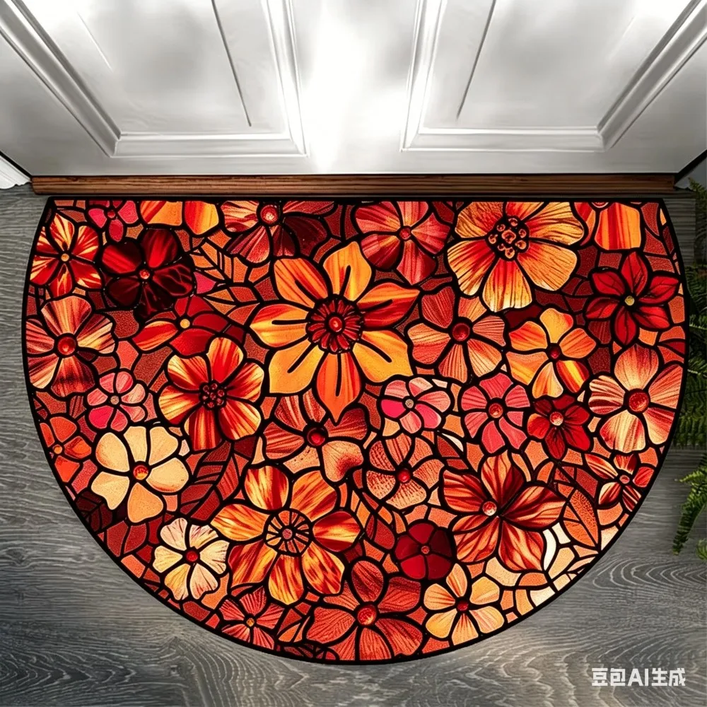 Aesthetic Stained Glass Floral Doormat Half Round Flower Welcome Mat Anti-Slip Entrance Rug Unique Home Decor Floor Carpet