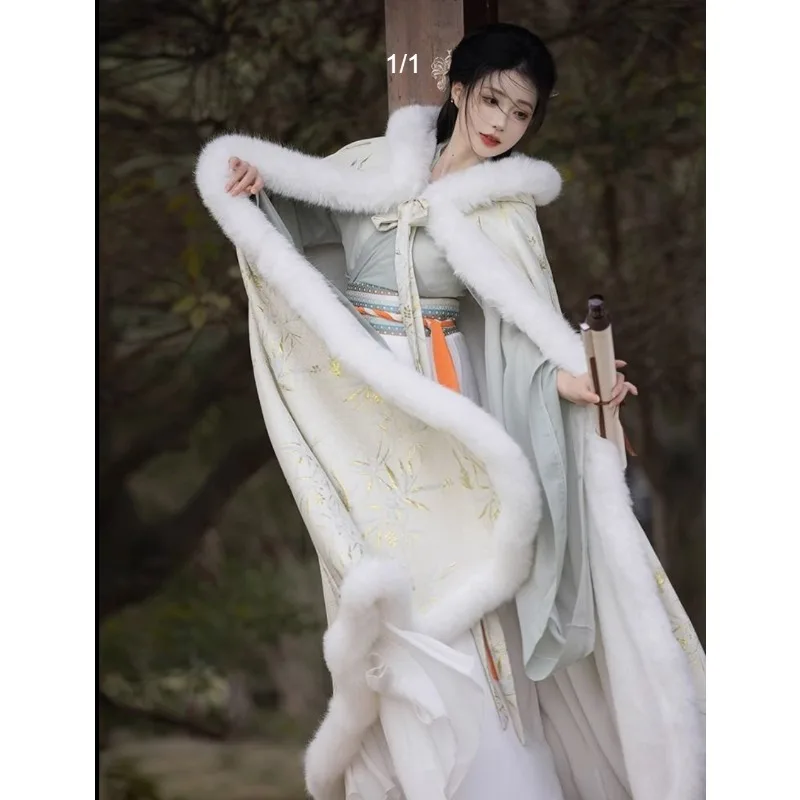 الشتاء Hanfu كيب طويل الشتاء شال القديمة زي معطف سميكة الرأس مع قبعة ملابس خارجية جديدة معطف خارجي فردي عصري