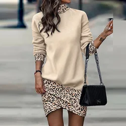 Casual Fashion Women's High Collar Casual Long Sleeved Short Dress Irregular Printing Mini Dress Autumn Robe Femme