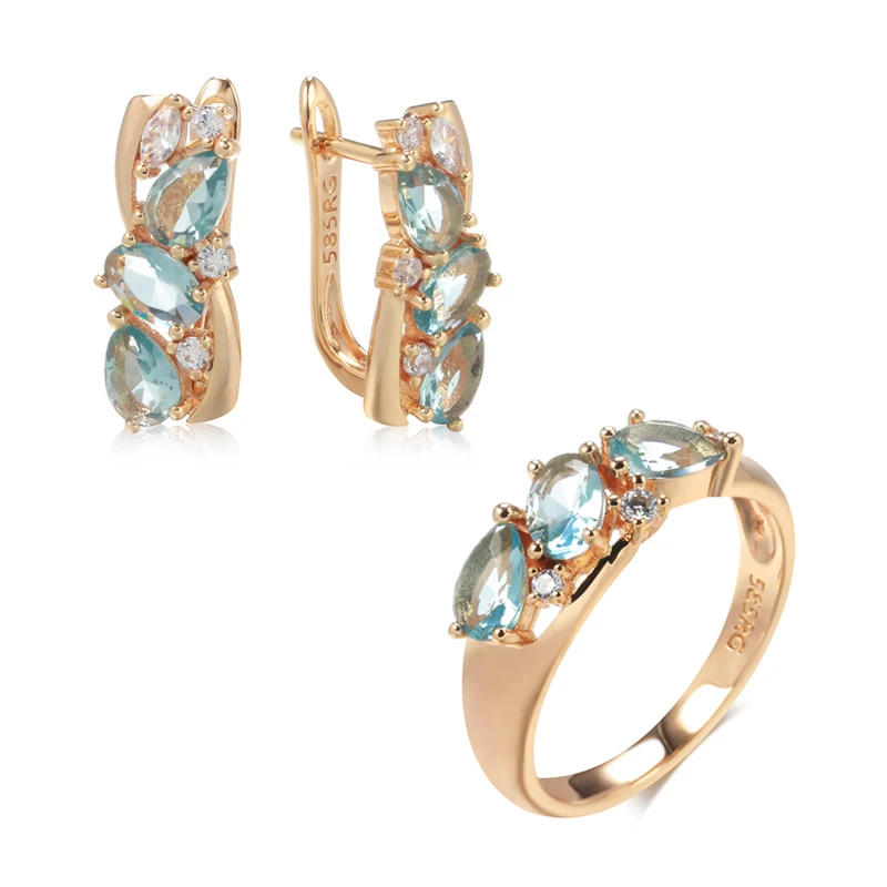 

Wbmqda New 585 Rose Gold Color Earrings Ring Sets for Women Delicate Cut Dazzling Blue Natural Zircon Bridal Wedding Jewelry