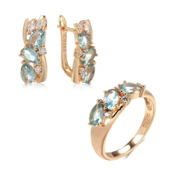 Wbmqda New 585 Rose Gold Color Earrings Ring Sets for Women Delicate Cut Dazzling Blue Natural Zircon Bridal Wedding Jewelry