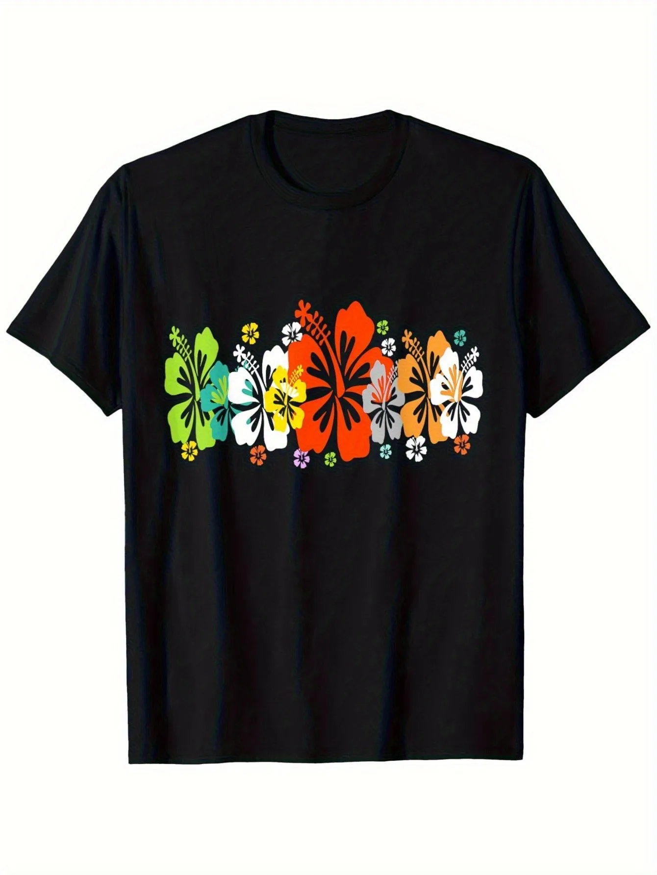 

Men's Black Crew Neck T-Shirt with Colorful Floral Print, Short-Sleeved Casual Shirt, Comfortable and Versatile for All Seasons, Color-Blocking Design, Stylish Party Outfit, Trendy Adult Top with Fun Patterns, Breathable Printed T-Shirt for Young Men