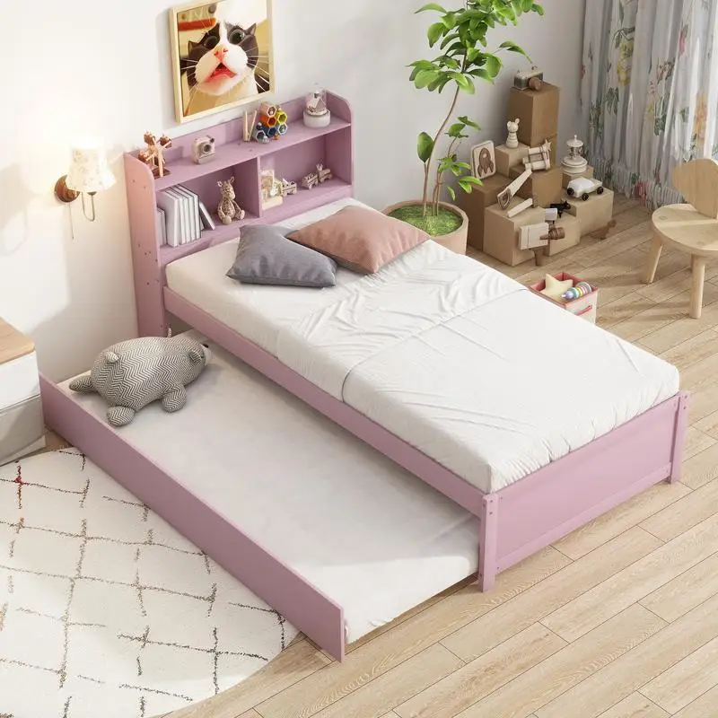 Letto singolo rosa con rotelle e libreria