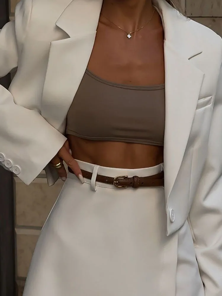 

Elegant Commute Women's Outfits Autumn New Simple Lady Office Two Piece Sets Fashion White Long Sleeve Blazer & Mini Skirts Sets