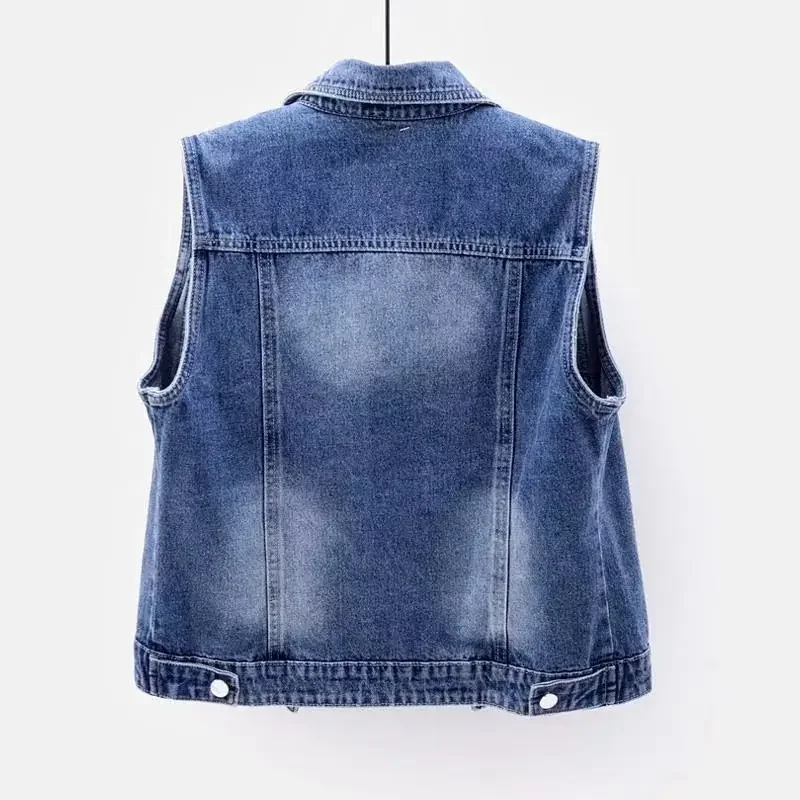 Denim Women Vest Luxury Pearls Fashion Ripped Autumn Plus Size Jeans Jacket Sleeveless Loose Short Coat Causal Waistcoats