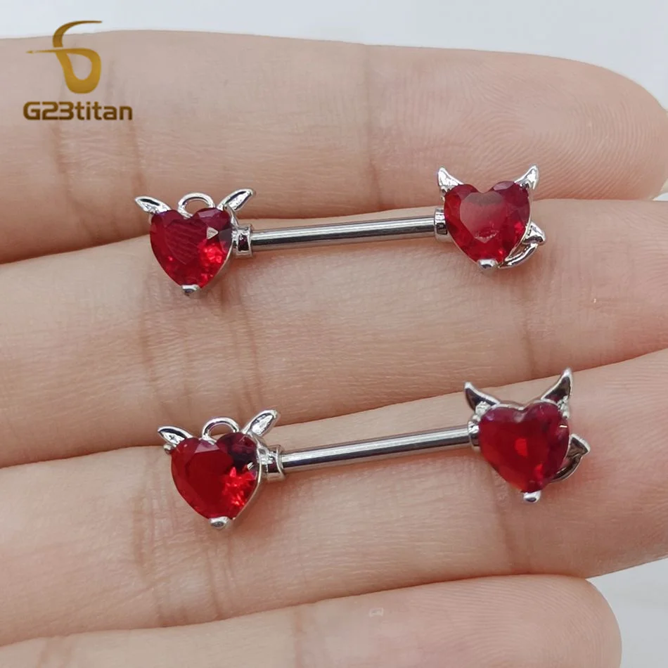 G23titan 2pcs Devil Red Heart Zircon Nipple Piercing Ring for Women 14G Surgical Titanium Barbell Sexy Body Jewelry Accessories