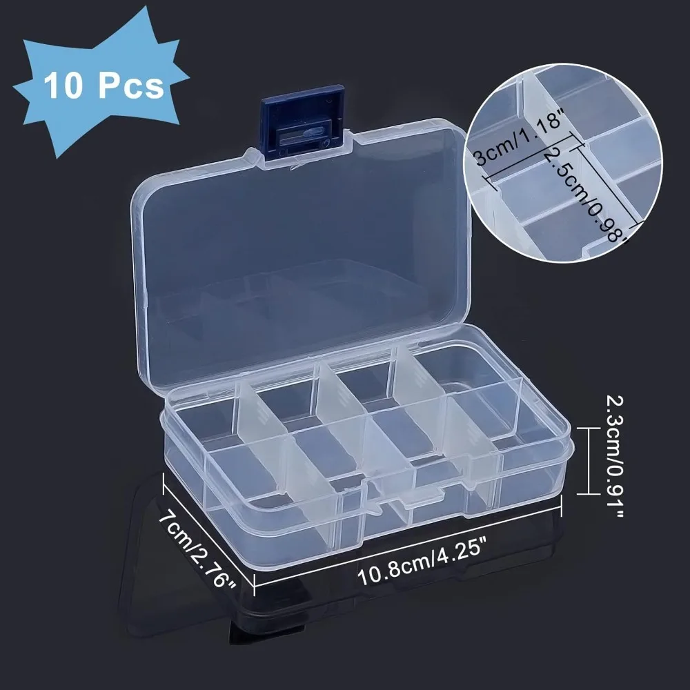 10 Pack 8 Grids Plastic Organizer Box 2.7x4.7x0.89 Clear Plastic Jewelry Dividers Box Organizer Mini Tackle Boxes Storage