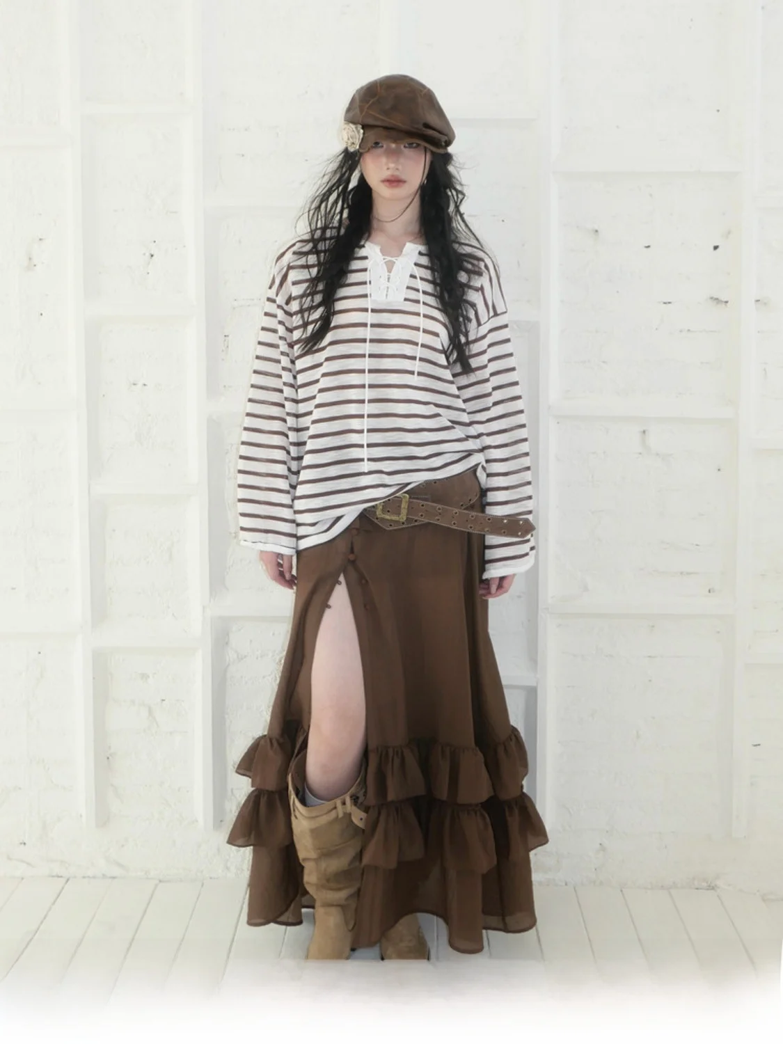 

New Arrival RidK Western n Stripe Long Sve Top Women's Loose Fit Cotton Blend Polyester Fiber V-Ne Mid-Length T-S...