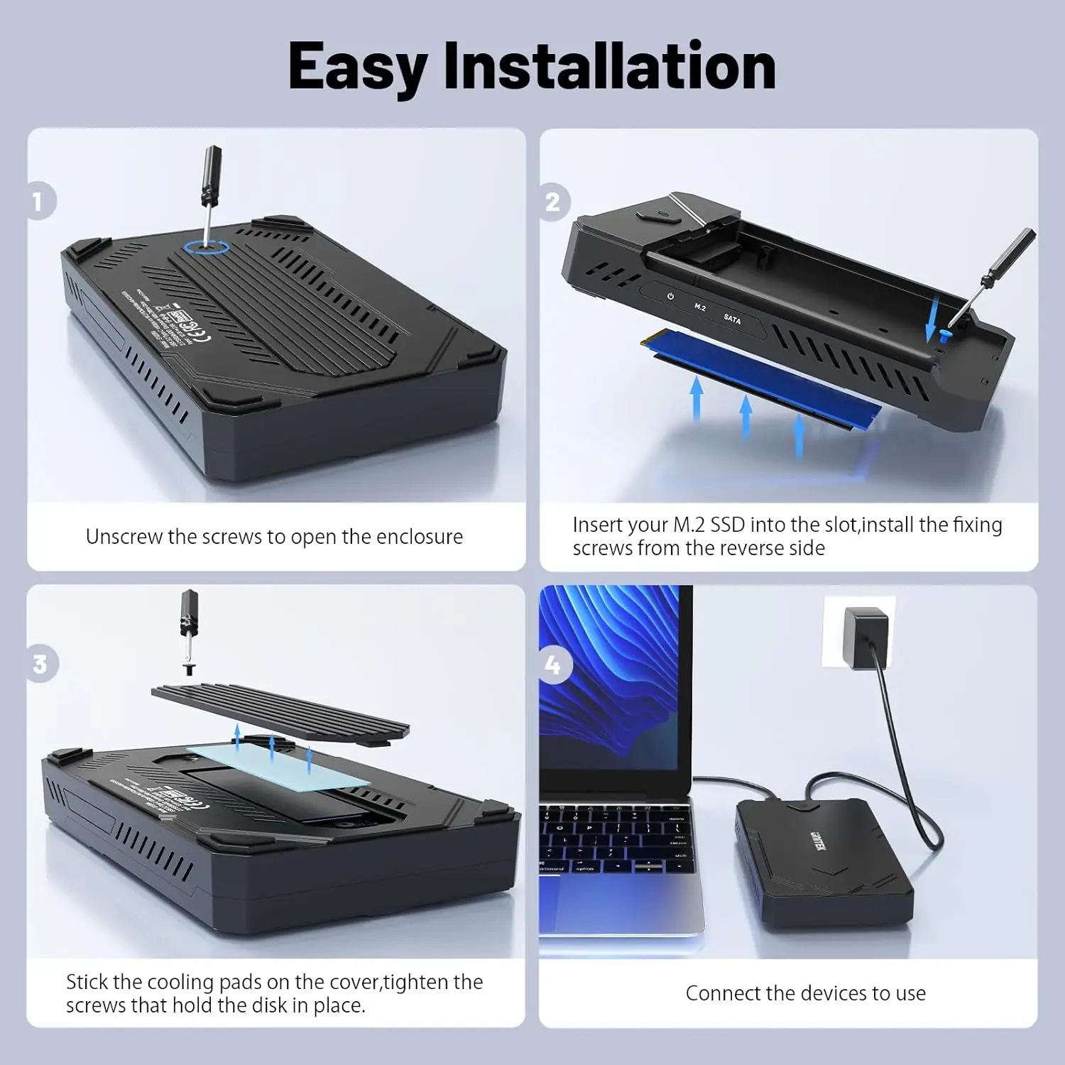 กล่องใส่ฮาร์ดไดรฟ์แบบ Dual Bay รองรับ USB C 10Gbps และ M.2 SATA สำหรับ NVMe PCIe SSD และ HDD SATA ขนาด 2.5 นิ้ว สำหรับคอมพิวเตอร์และแล็ปท็อป