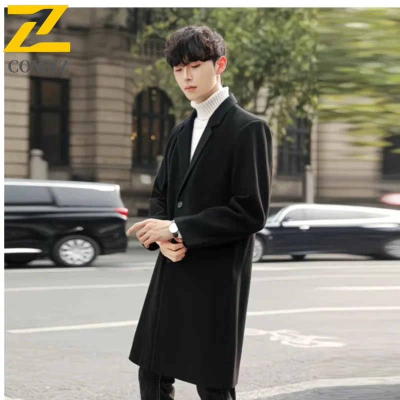 

COMXZ 2025 Winter Trench Coat Mens Mid Length Korean Style Slim Youth Wool Blend Overcoat Cotton Padded Warm Mens Outerwear