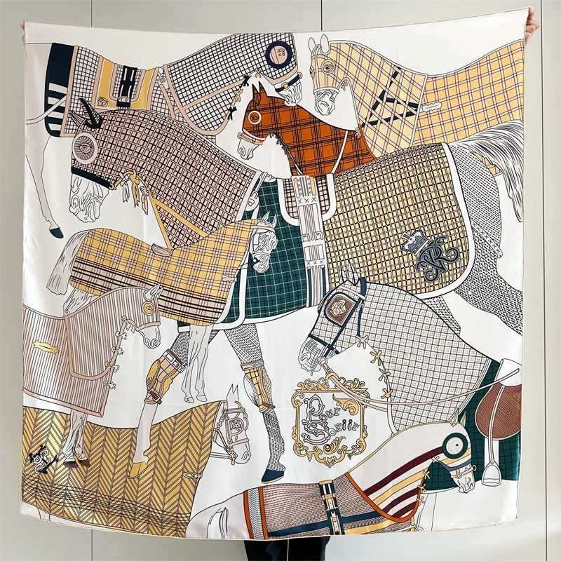 

Horse Print Large Silk Scarf Luxury Designer Shawls Stole Hand Rolled Edges Mother Lover Gift Twill Scarves 135CM