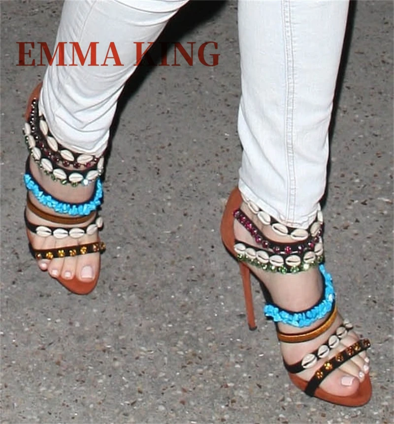 قذيفة كريستال ديكور خنجر الصنادل الصيف النساء فو الجلد المدبوغ صنادل طراز جلاديتور موضة حجر الراين فستان الحفلات أحذية 44 #6