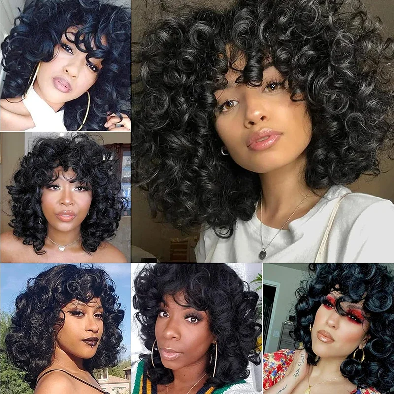 12inch Short Bouncy Loose Curly Wigs with Bangs for Women Black Fulffy Curly Bob Wig Natural Synthetic Fiber Kinky Curly Wigs