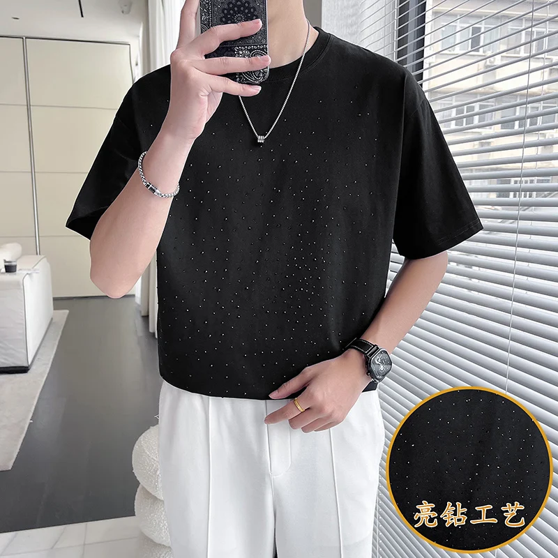 2023 Boutique Men's Fashion Korean Version of Casual British Style Trend Round Fake Ironing Drill Process Medium Sleeve T-shirt