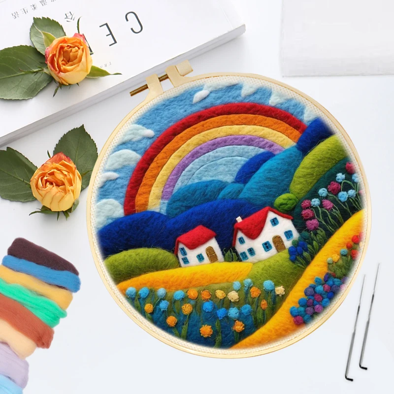 CHENISTORY Creative Needle Felting Painting Kit DIY Rainbow House Scenery Handcraft with Tools and Instruction Manual Home Decor