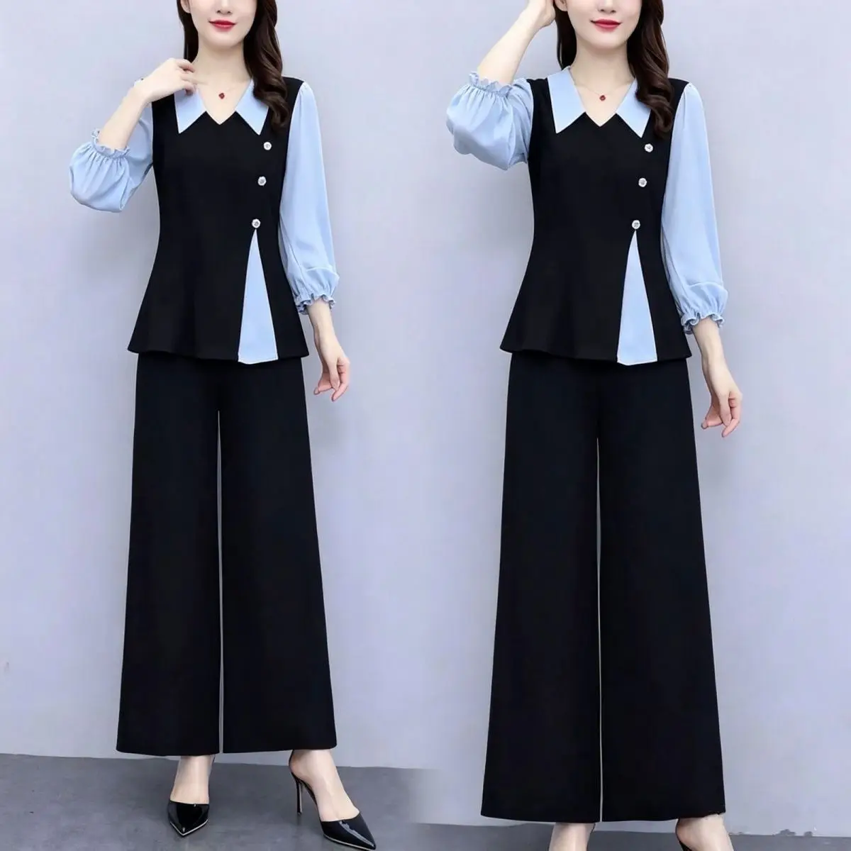 Fashion Female Set Large Size Thin New Splicing Shirts Micro Flared Pants Two-piece Suits Women Temperament Wide-leg Pants 2PCS