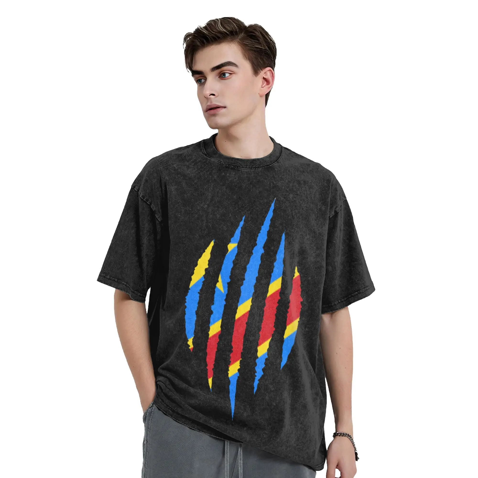 Republic Of The Congo Flag Washed T Shirt Streetwear  Vintage T-Shirt  Tees Tops Men Women Short Sleeve High Street Printed