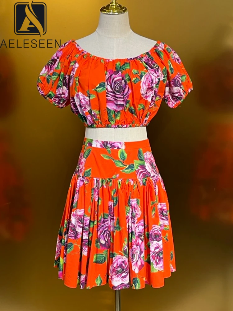AELESEEN-Ensemble 2 pièces sicilien pour femme, haut court à manches bouffantes, mini jupe, imprimé fleur rouge, 100% coton, design à la mode