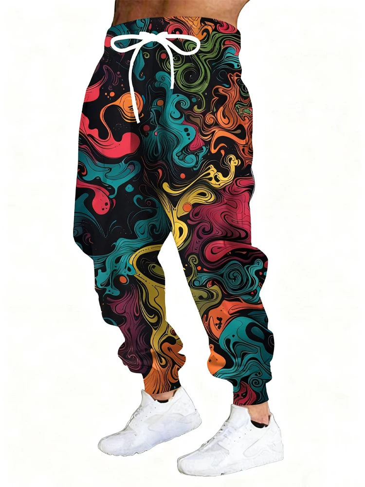 

New Men's 3D Graffiti Print Casual Pants Outdoor Breathable Athletic Pants Stylish Drawstring Streetwear Trousers Mens Cuffed Pa