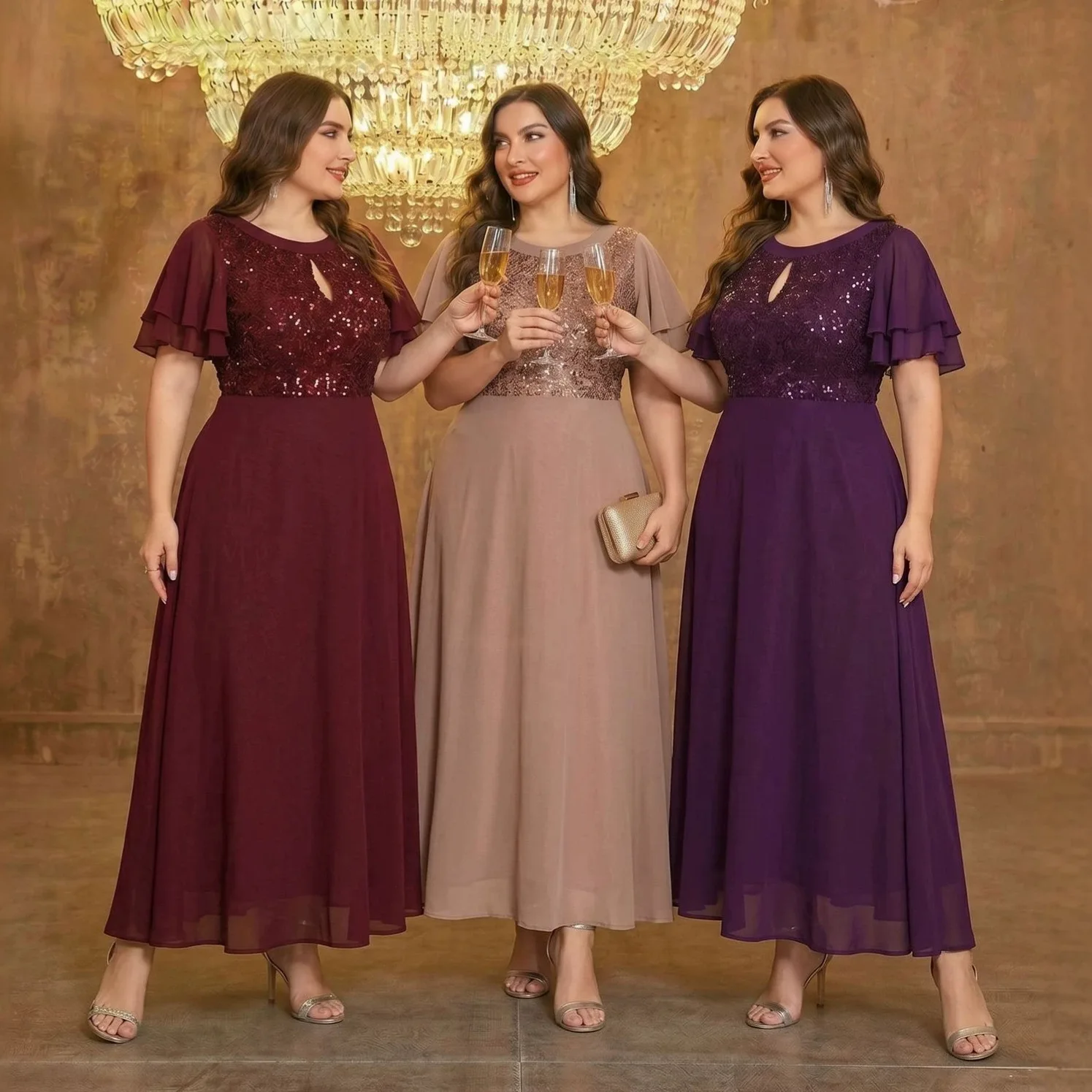 Plus Size Round Neck Keyhole Hollow Double Ruffle Sleeve Sequin Lace Chiffon A Line Midi Dress Burgundy Dusty Mauve Purple