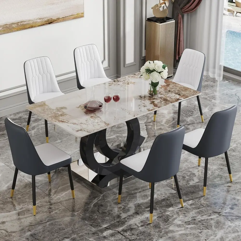 

6-Piece Dining Set with Stone Table and Ergonomic Chairs for Kitchen and Dining Room