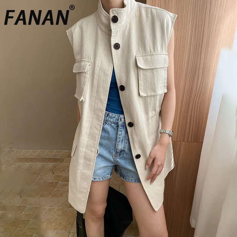 

FANAN Fashion Drawstring Gathered Waist Linen Vest For Women Stand Neck Single Breasted Sleeveless Loose Coats 2025 Spring New