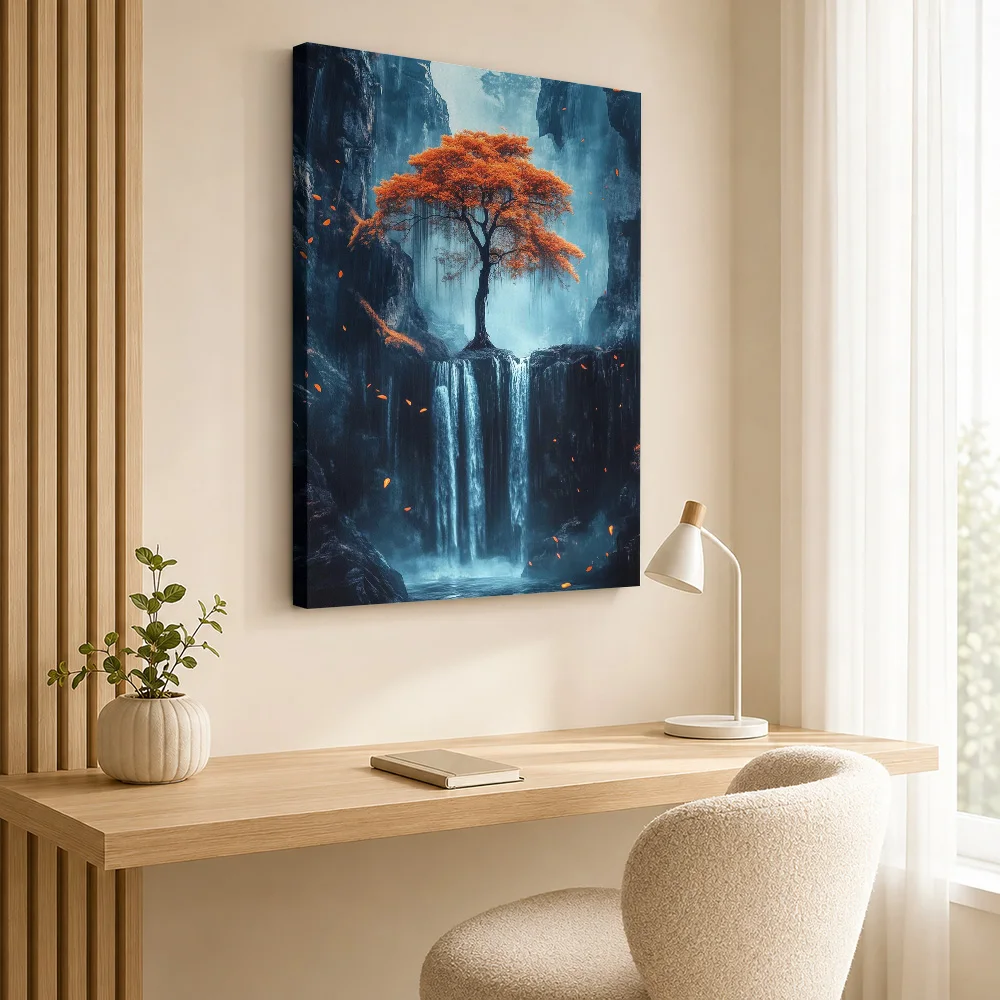 Autumn Tree Above Cascading Waterfalls Canvas Poster Customized Photo Fantasy Illustration Wall Art For Bedroom, Dreamer Gift