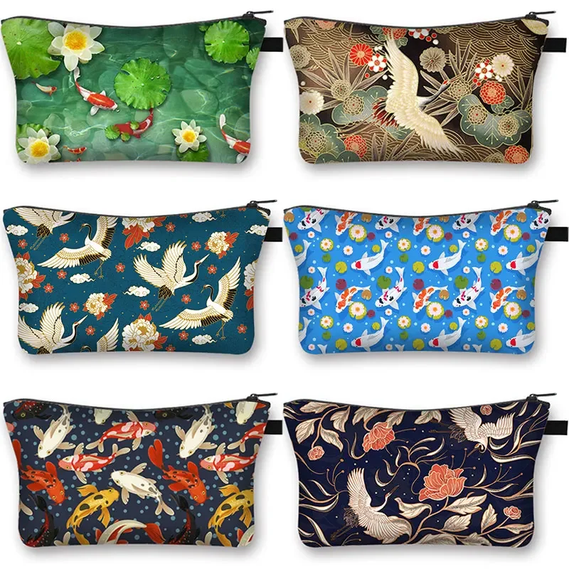 Chinese Koi Fish / Crane Print Cosmetic Case Women Makeup Bags Organizer Lipstick Bag Fashion Toiletry Kits Portable Storage Bag