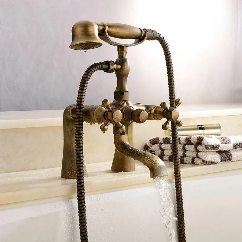 light luxury brass vintage bathtub faucet bathroom bathtub on double handle column type hot and cold shower faucet set