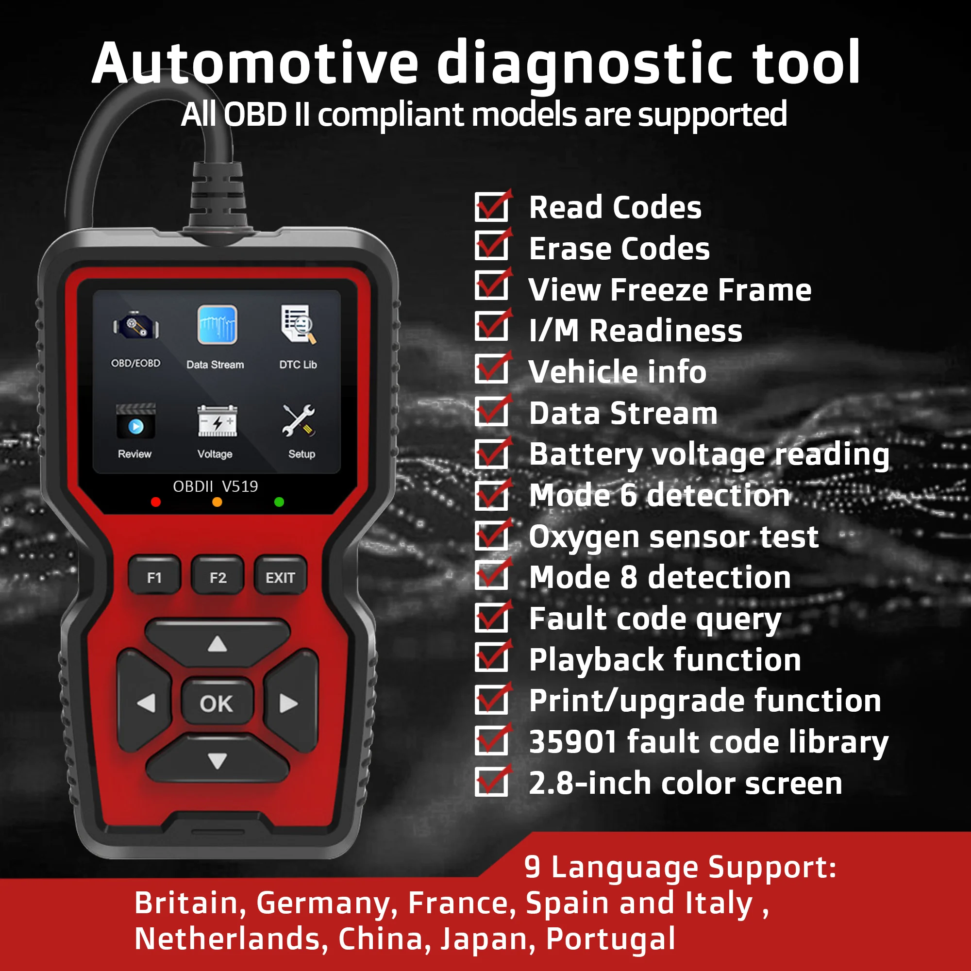 OBD2 Scanner Diagnostic Tool, Check Engine Code Reader OBD2 Scanner with Reset， Mode 6, Mode 8 & I/M Readiness