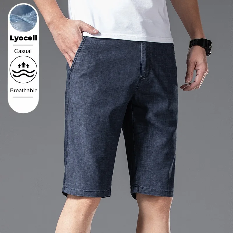 Ultra-thin Denim Shorts Men Clothing Soft Breathable Lyocell Fabric Straight Loose Ankle-length Ice Silk Short Pants