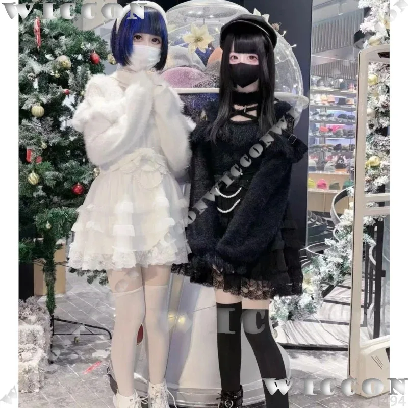 Kostum Cosplay Gadis Jirai Kei Pakaian Idola Bawah Tanah Sweater Bertali Rok Tipis Pita Kue Gaun Hitam Putih Wanita Disesuaikan;