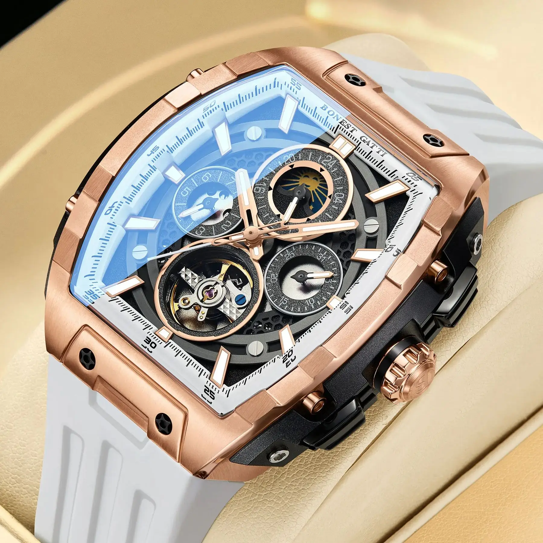 BONEST GATTI Men Automatic Watch Tonneau Mechanical Wristwatch Luminous 50m Waterproof Sapphire Multi-Dial Week Date 24 Hours