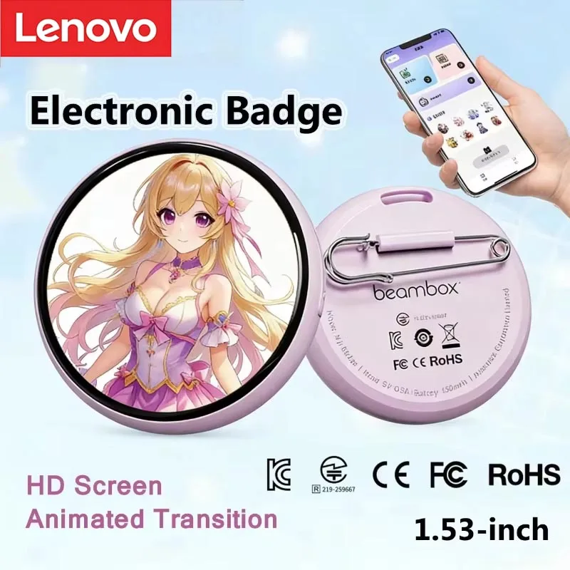 

Lenovo Bluetooth Electronic Badge 1.53-inch Touchscreen Creative Gift Anime Action Picture AI Functionality Lanyard Pin Hold