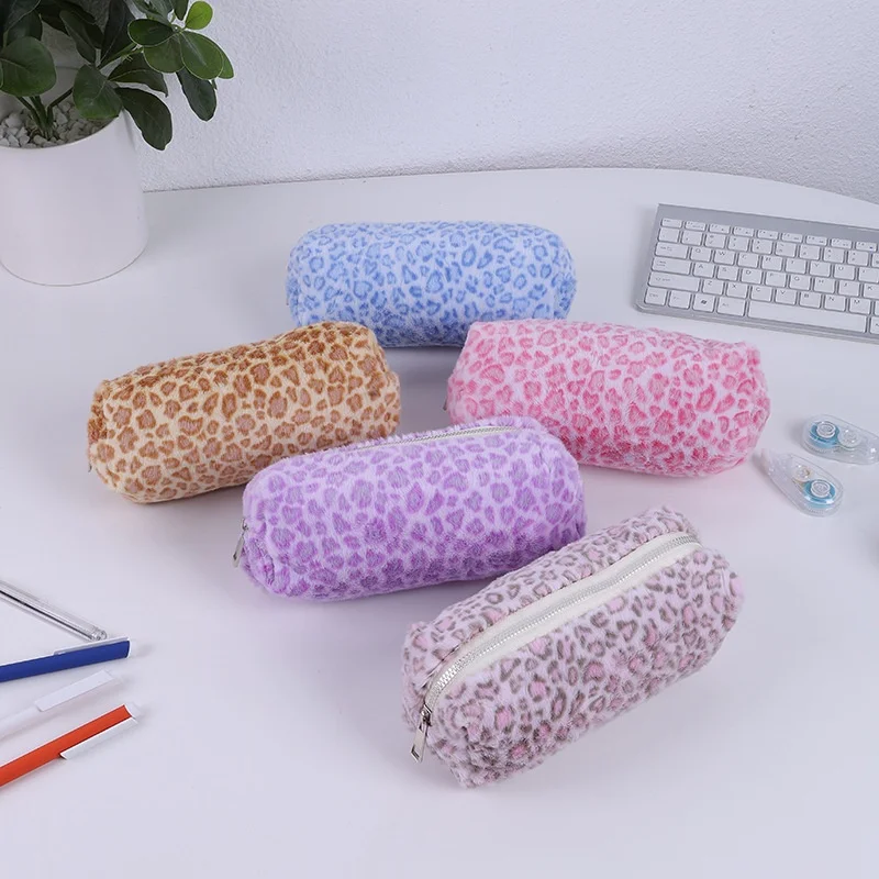 15pcs/lot Kawaii Leopard Print Plush Pencil Case Cute Pencil Box Stationery Pen Bag Stationery School Supplies
