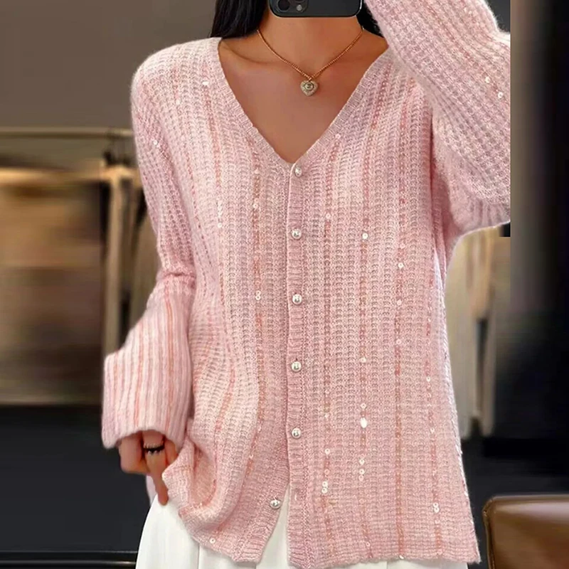 New Autumn Sequined Long Sleeved Loose Sweater Elegant Solid Color Commuting Sweater Coat Female V-neck Single Breasted Cardigan