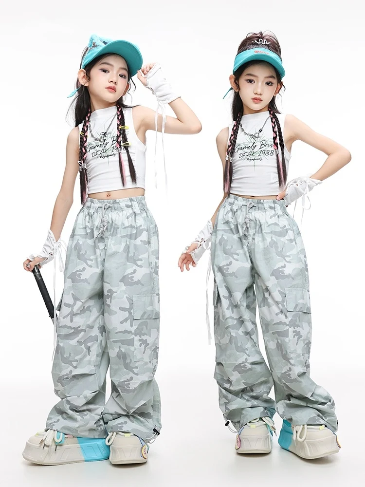 Girls Kpop Jazz Dance Clothes White Navel Tops Loose Hip Hop Pants Fashion Performance Suit Kids Hiphop Competition Wear BL13363