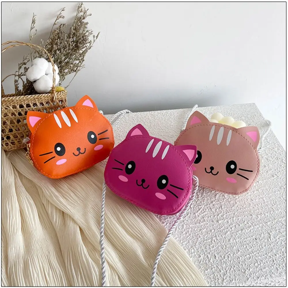 Fashion Simple Mini Bag Coin Purse Cat Printing Princess Wallet Baby Bag Single Shoulder Bag PU Leather Handbag Children Bag