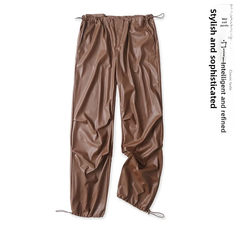 Casual PU Leather Work Trousers Drawstring Waist Cuffed High Waist Long Pants Versatile Women's Fashion Autumn New Arrival