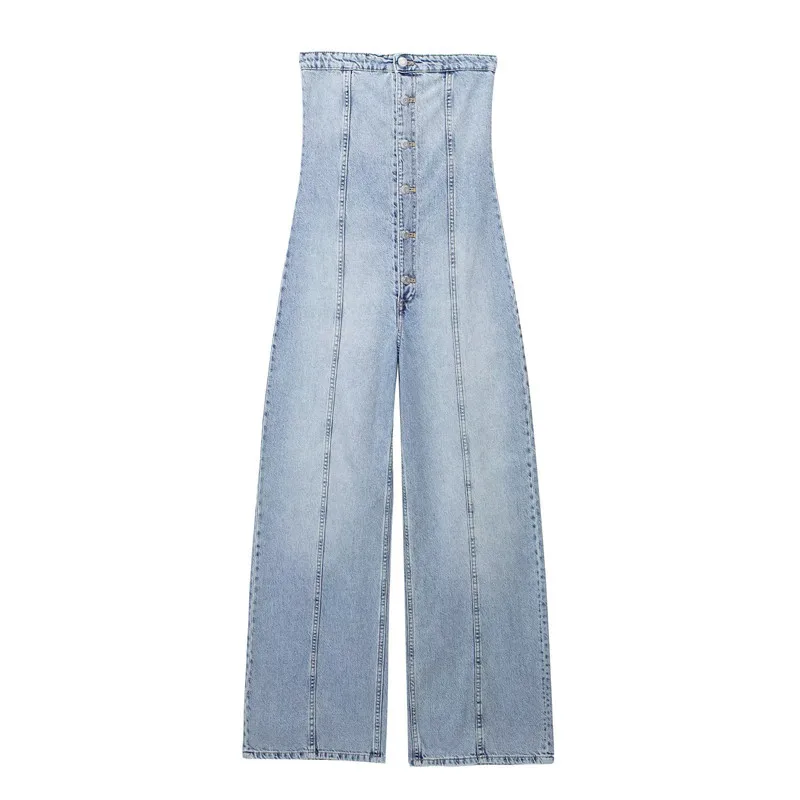 

Faionable Loose Denim Rer Women's Tube Top High Waist Wide Leg Jeans One-Piece Summer New Arrival Light Blue Color
