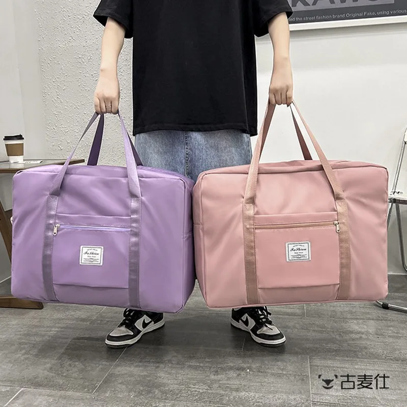大容量トラベルバッグ女性用ハンドヘルド荷物バッグ短期旅行用スーツケースカバーオックスフォード布折りたたみ式ピュアカラー