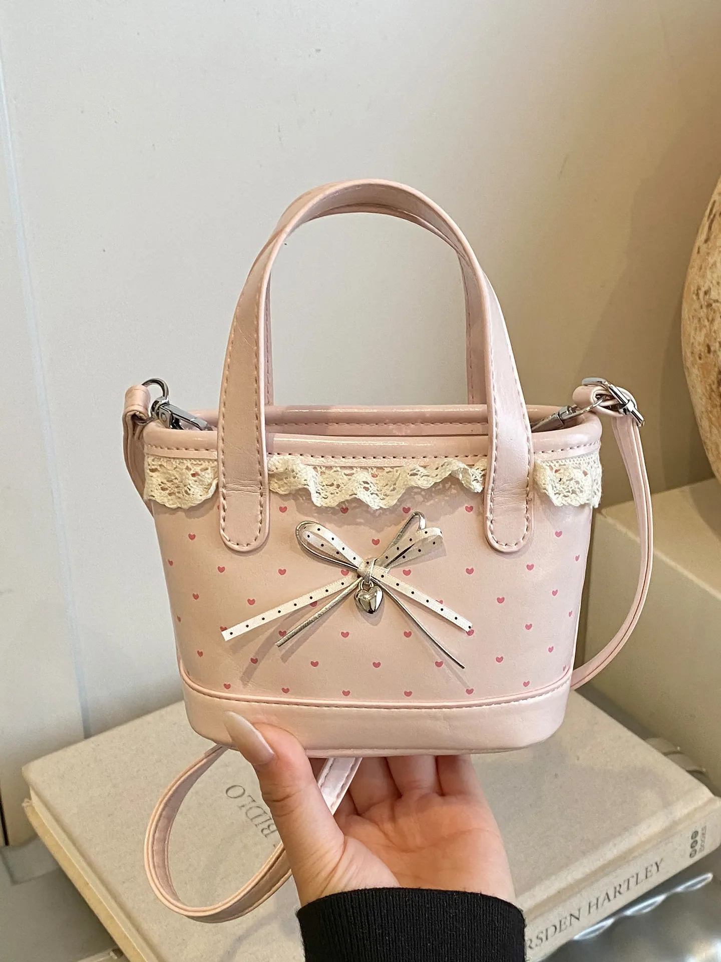 Korean Sweet Lace Spliced Bowknot Messenger Bags Women's Trendy Heart Print PU Leather Shoulder Bag Spring New Versatile Handbag