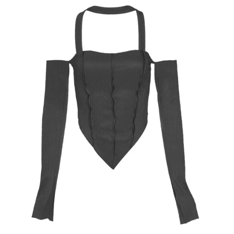 Tops cortos para mujer, ropa y2k Harajuku con cuello Halter y hombros descubiertos, camiseta Sexy de manga larga de Color sólido con corsé para mujeres jóvenes