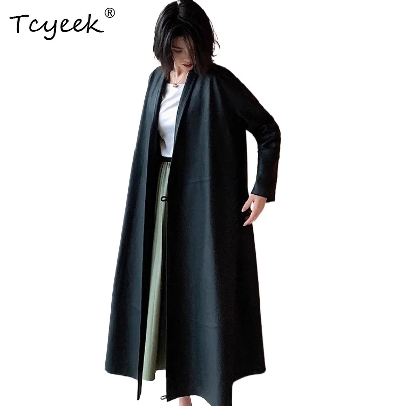 Tcyeek Pelle di pecora Primavera Autunno Colletto nero del vestito Vintage Giacca in vera pelle da donna di media lunghezza Жaki Julaiжаusus Куртка