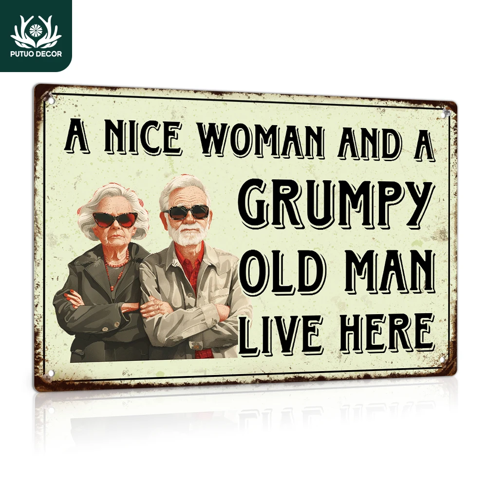 Putuo ديكور 1 قطعة علامة القصدير المعدنية خمر ، امرأة لطيفة ورجل عجوز غاضب تعيش هنا ، جدار آرت ديكو مناسبة لغرفة المعيشة المنزلية #1