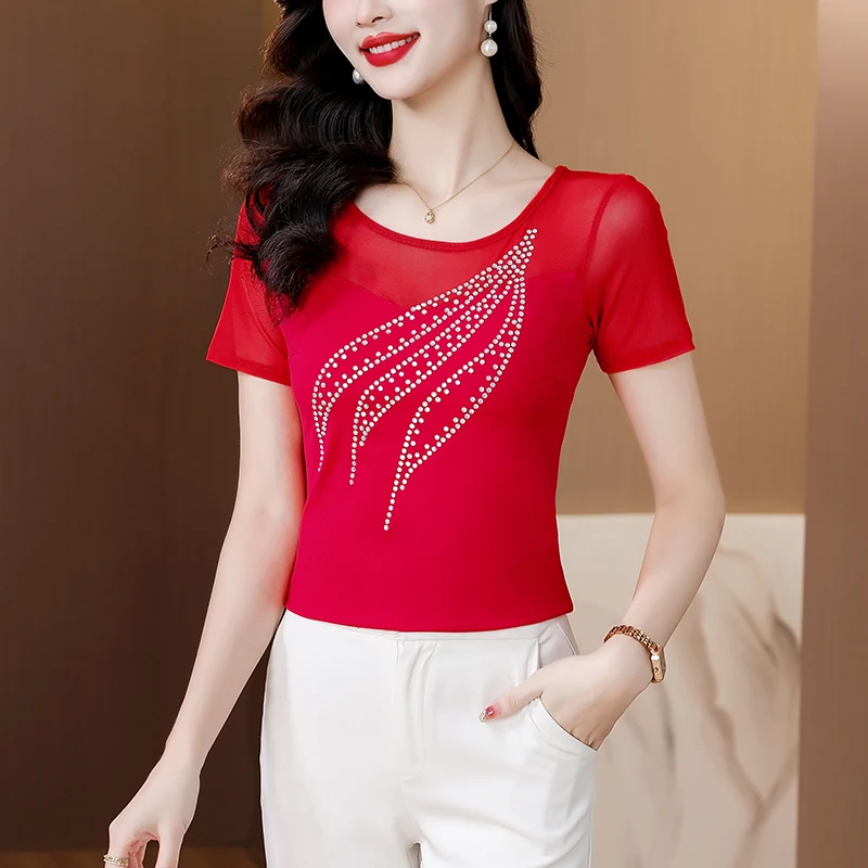 

Korean Style Fashion Beading Red Black Top Women Slim Fitted Short Sleeve Summer T-shirts Elegant Ladies Dance Blouse With Mesh