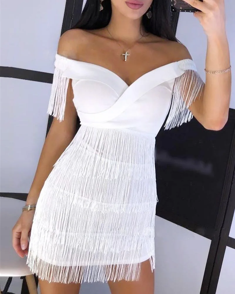 

New Arrival White Fringe Celebrity Evening Runway Party Dress Women Sexy Tassels Short Sleeve Club Dress Vestidos