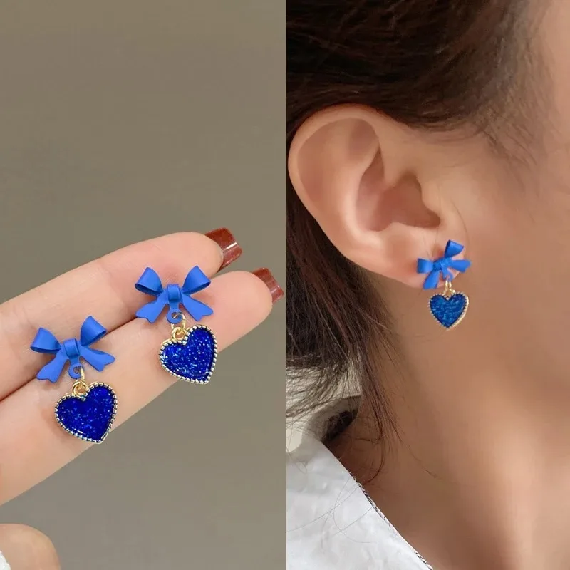 Fashion Women Klein Blue Simple Heart Bowknot Drop Earrings Female Elegant Luxury Small Drop Earrings Jewelry Pendientes Étnicos