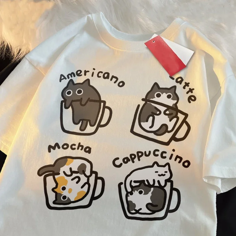 Trendiges Katzen-Kaffee-Motiv Baumwoll-Sommer-Lose-Kurzarm-T-Shirt für Männer und Frauen, Mocha Latte Katze Drei Blumen Lustige Katzen-T-Shirts – Detail 6